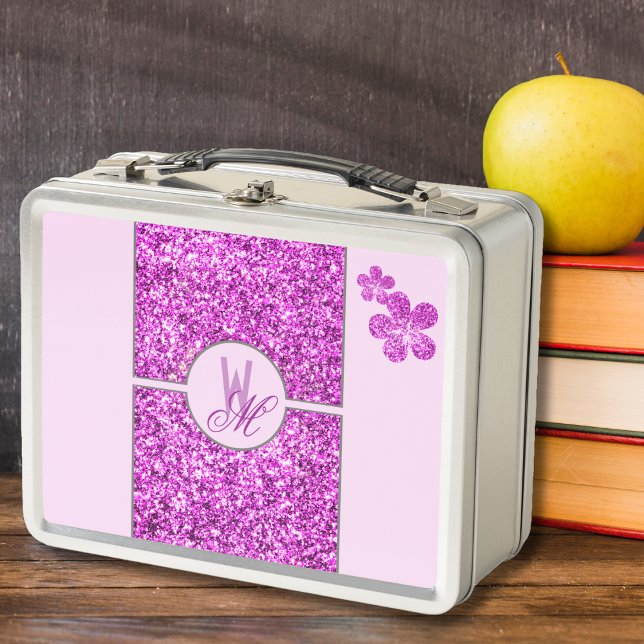 Pink glitter Monogrammed with Flowers Metal Lunch Box (Creator Uploaded)
