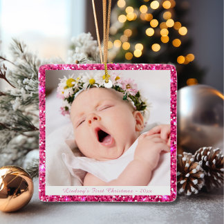 Pink Glitter My First Christmas Photo Keepsake Ceramic Ornament