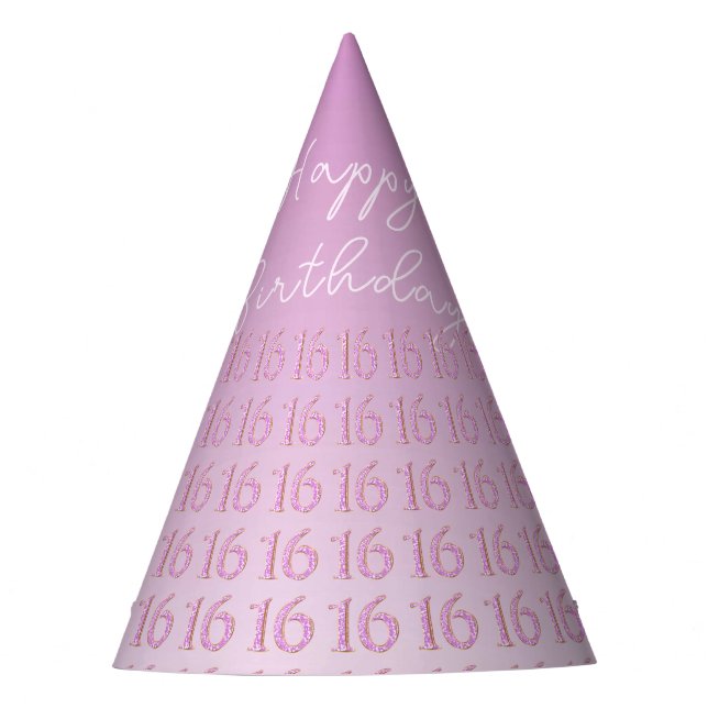 Pink Glitter Number 16, Sweet 16 Birthday Party Hat (Front)
