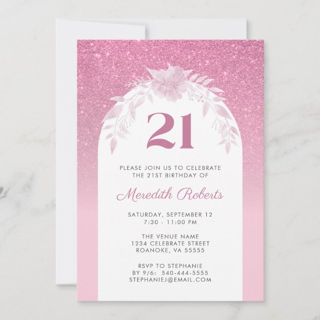 Pink Glitter Ombre 21st Birthday Party Invitation (Front)