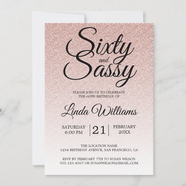 Pink Glitter Ombre 60 and Sassy 60th Birthday Invitation (Front)