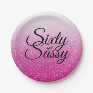 Pink Glitter Ombre 60 and Sassy 60th Birthday Paper Plate