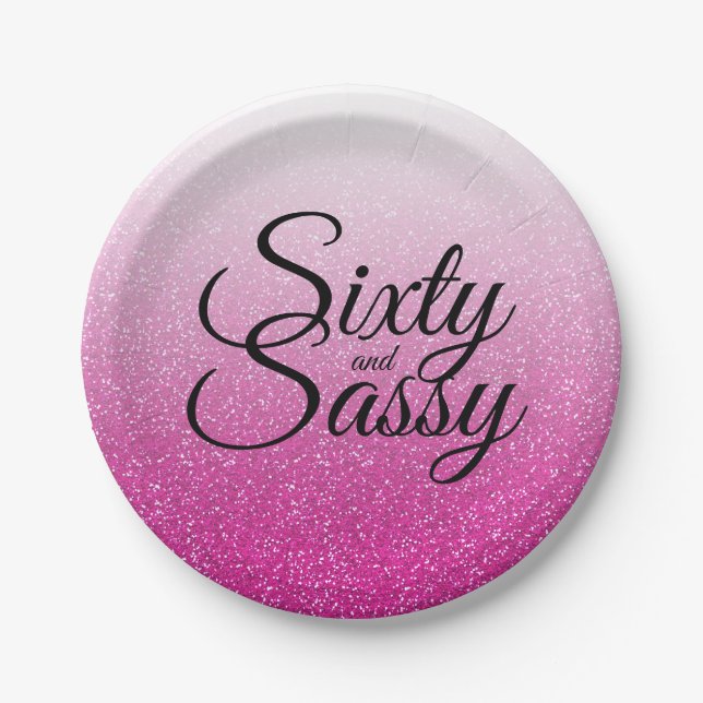 Pink Glitter Ombre 60 and Sassy 60th Birthday Paper Plate (Front)