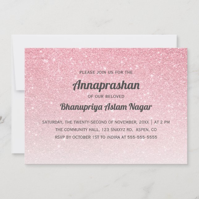 Pink Glitter Ombre Annaprashan First Rice Invitation (Front)