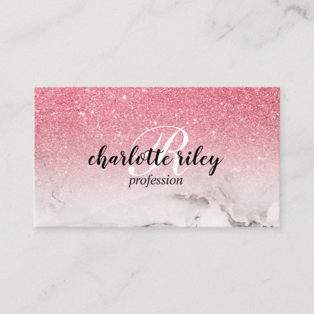 Pink Glitter Ombre Cursive Monogram Salon Makeup Business Card (Front)