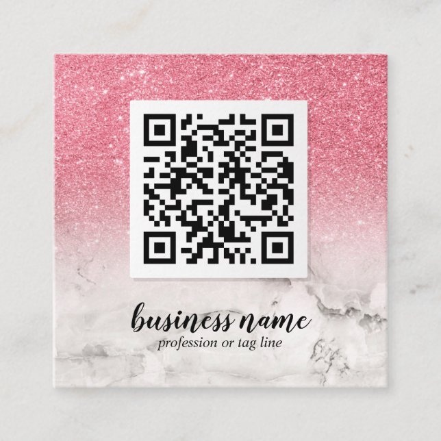 Pink Glitter Ombre Cursive QR CODE social icon  Square Business Card (Front)