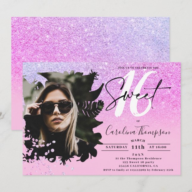Pink glitter ombre floral purple photo Sweet 16 Invitation (Front/Back)