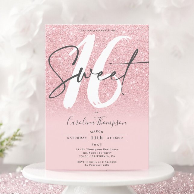 Pink glitter ombre font blush photo Sweet 16 Invitation (Pink glitter ombre font blush photo Sweet 16 Invitation)