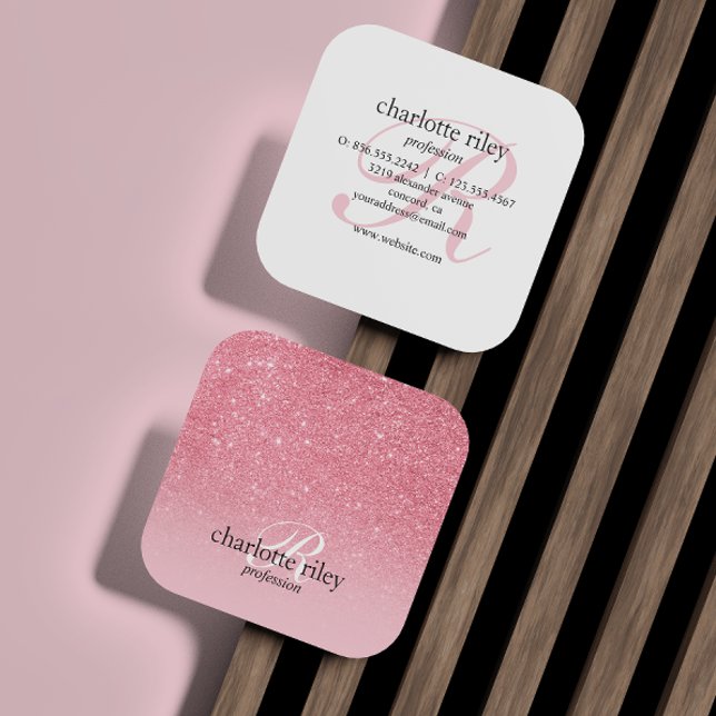 Pink Glitter Ombre Monogrammed Salon Makeup Nail Square Business Card (Creator Uploaded)