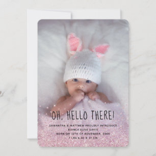 Pink Glitter Ombre Photo Birth Announcement