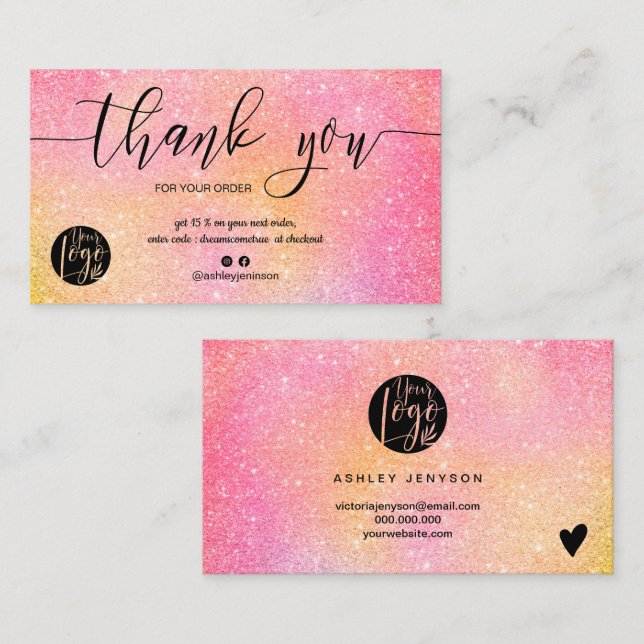 Pink glitter ombre script logo order thank you business card (Front/Back)