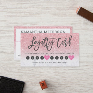 Pink glitter ombre script makeup marble 10 loyalty card
