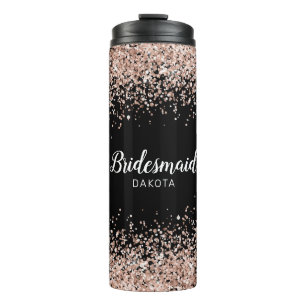 Pink Glitter on Black Bridesmaid Name Thermal Tumbler