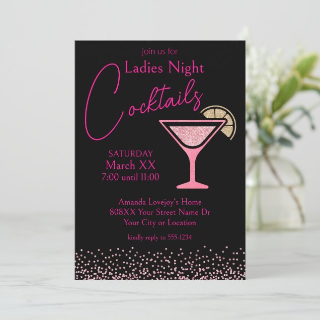 Pink Glitter on Black Ladies Night Cocktail Party Invitation (Standing Front)