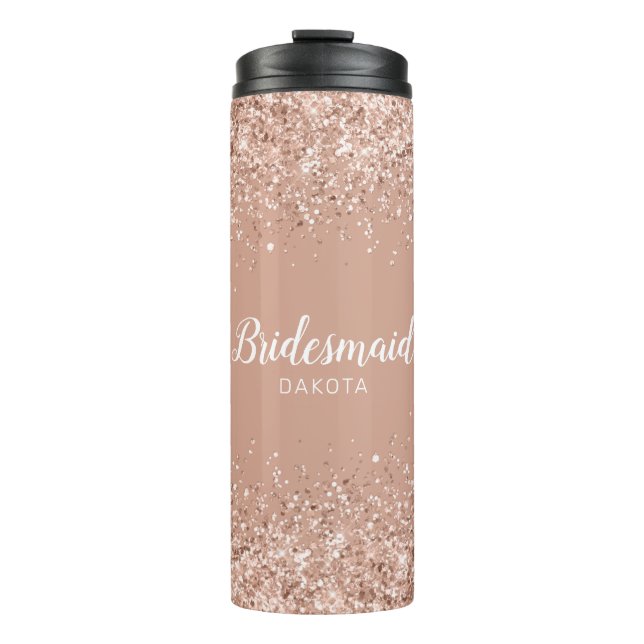 Pink Glitter on Dusty Pink Bridesmaid Name Thermal Tumbler (Front)