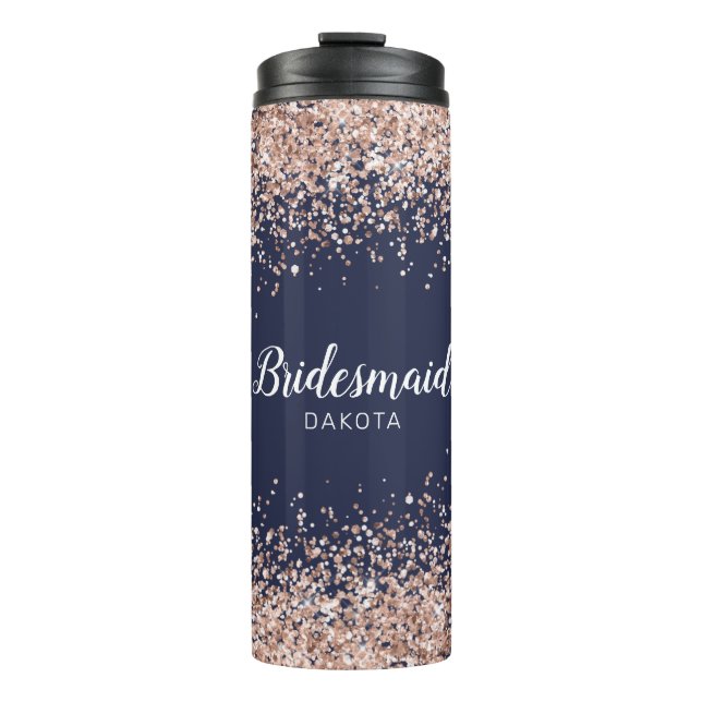 Pink Glitter on Navy Blue Bridesmaid Name Thermal Tumbler (Front)