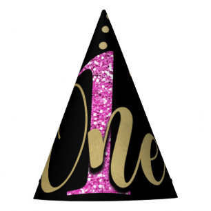 Pink Glitter ONE Black Floral 1st Birthday Party Hat