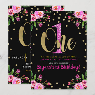 Pink Glitter ONE Black Floral 1st Birthday Party Invitation