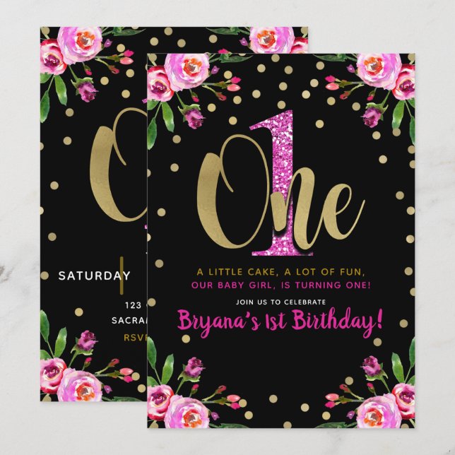 Pink Glitter ONE Black Floral 1st Birthday Party Invitation (Front/Back)