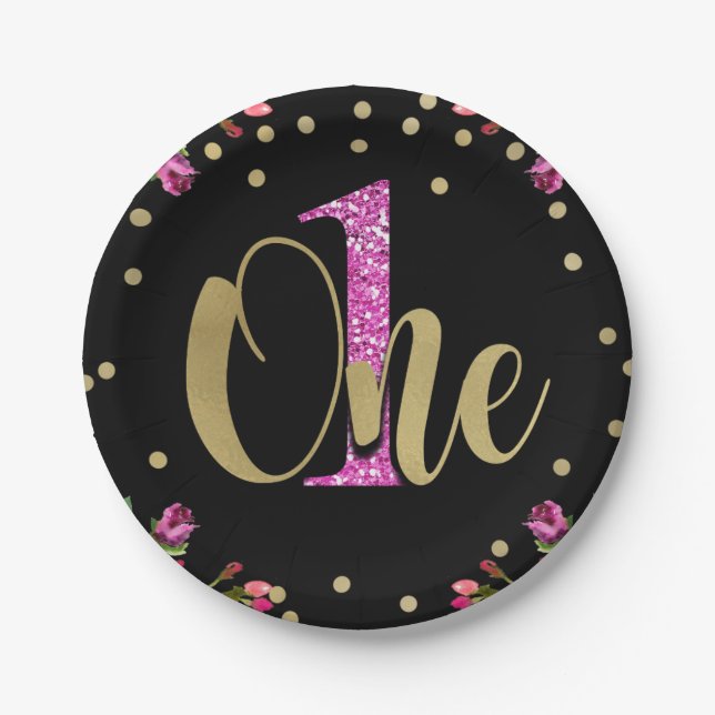 Pink Glitter ONE Black Floral 1st Birthday Party Paper Plate (Front)