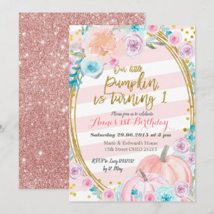Pink Glitter Our Little Pumpkin 1st Birthday Invitation