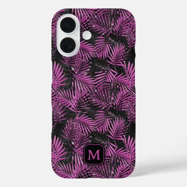 Pink Glitter Palm Tree Black Modern Monogram Case-Mate iPhone Case (Back)