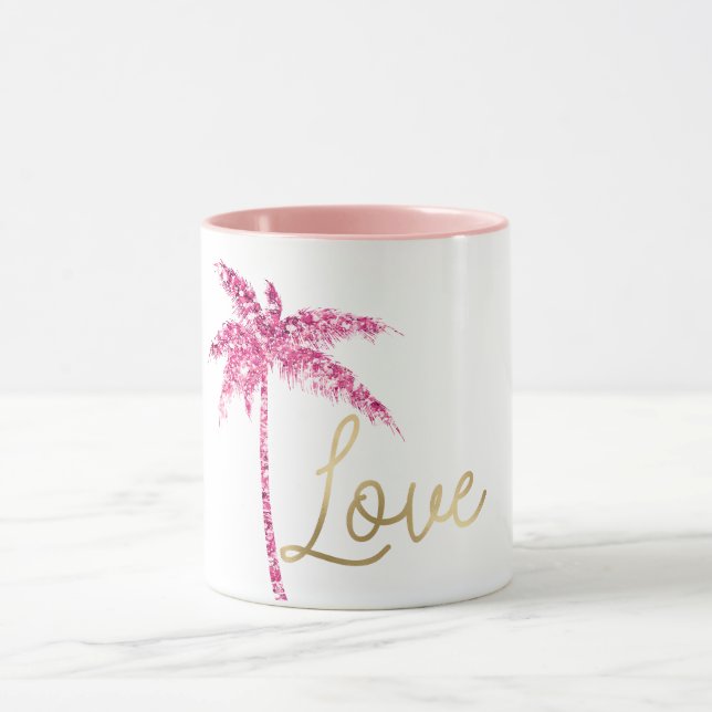 Pink Glitter Palm Tree Gold Love Mug (Center)