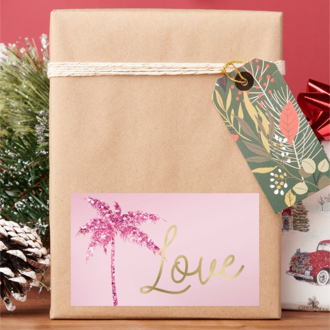 Pink Glitter Palm Tree Ombre Gold Love Rectangular Sticker (Holiday)