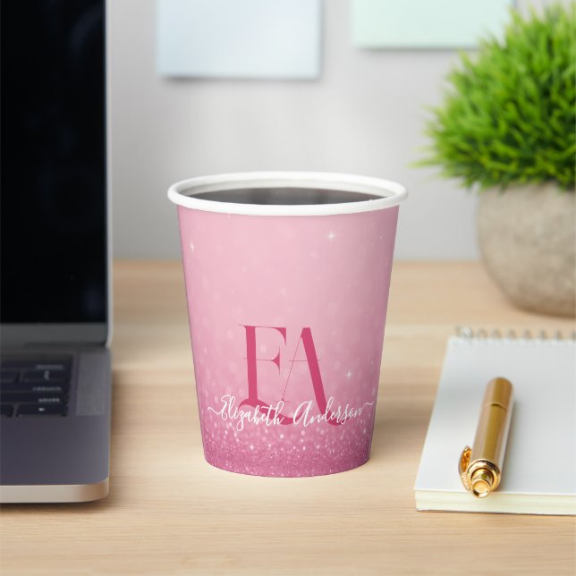 Pink Glitter Paper Cup with Name & Initials (Insitu)