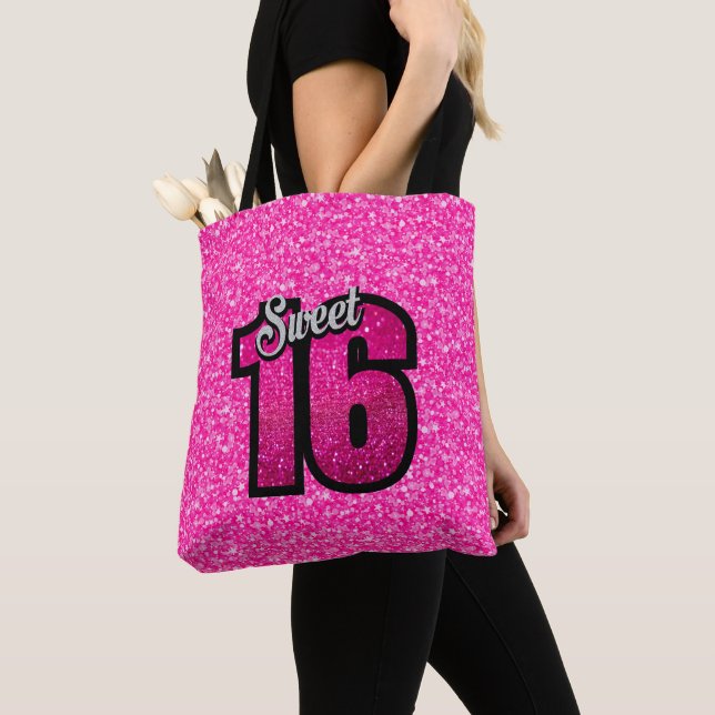 Pink Glitter Pattern and Glitter Numbers Tote Bag (Close Up)