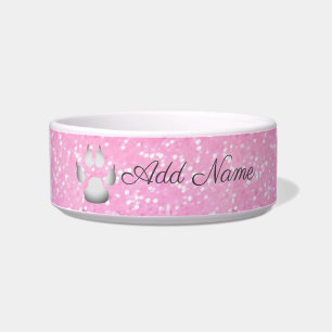 Pink Glitter Paw Print Personalised Bowl