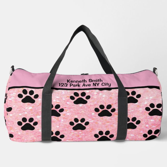 Pink Glitter Paw Print Pet monogram personalise Duffle Bag (Front)