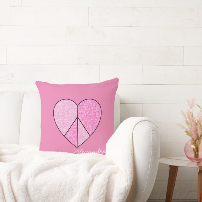 Pink Glitter Peace Sign Heart Throw Pillow (Couch)