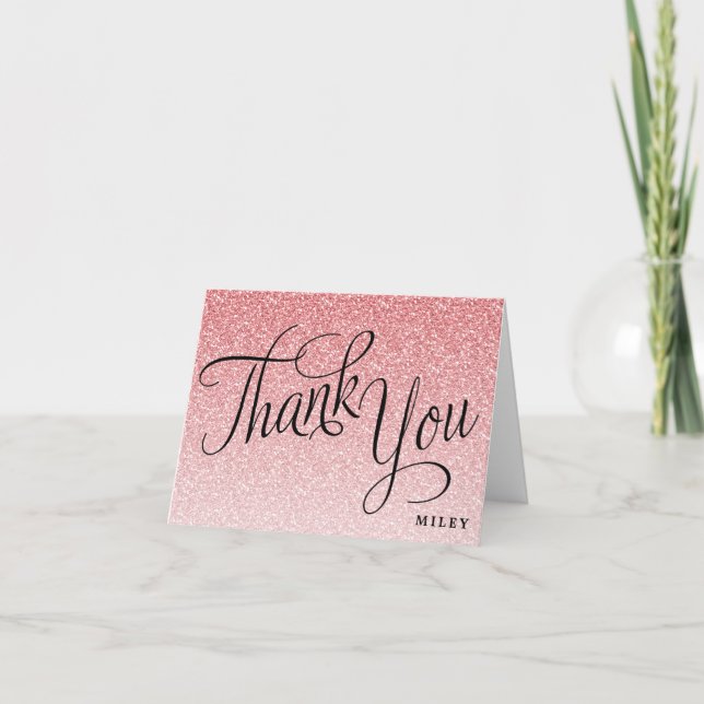 Pink Glitter Personalised Fancy Script Thank You Card (Front)