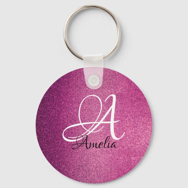 Pink Glitter Personalised Name & monogram Keychain (Front)