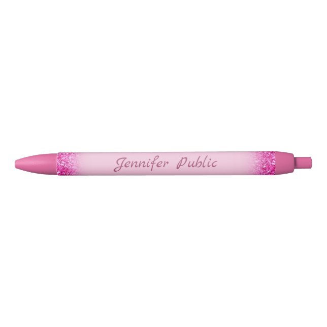 Pink Glitter Personalised Script Name Template Black Ink Pen (Front)