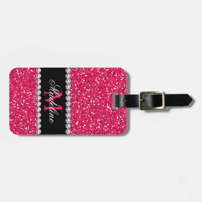 Pink Glitter, Personalised with Name & Monogram Luggage Tag (Front Horizontal)