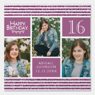 Pink Glitter Photo Collage Any Age Happy Birthday Garden Sign