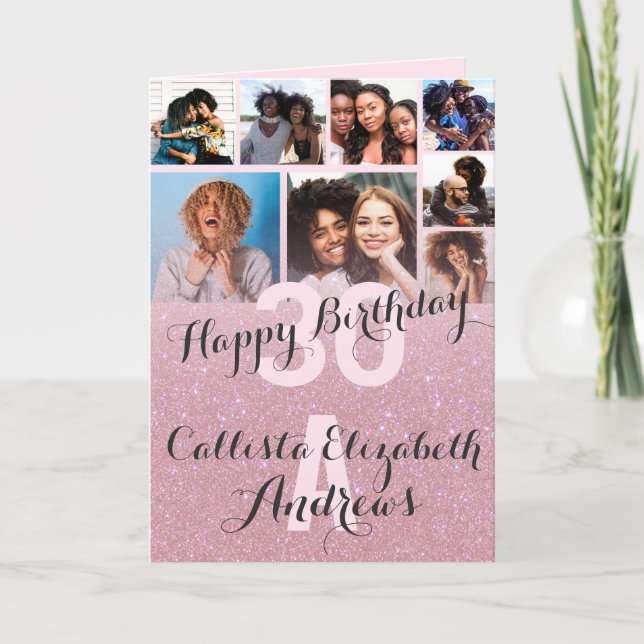 Pink Glitter Photo Collage Happy Birthday Card (Front)