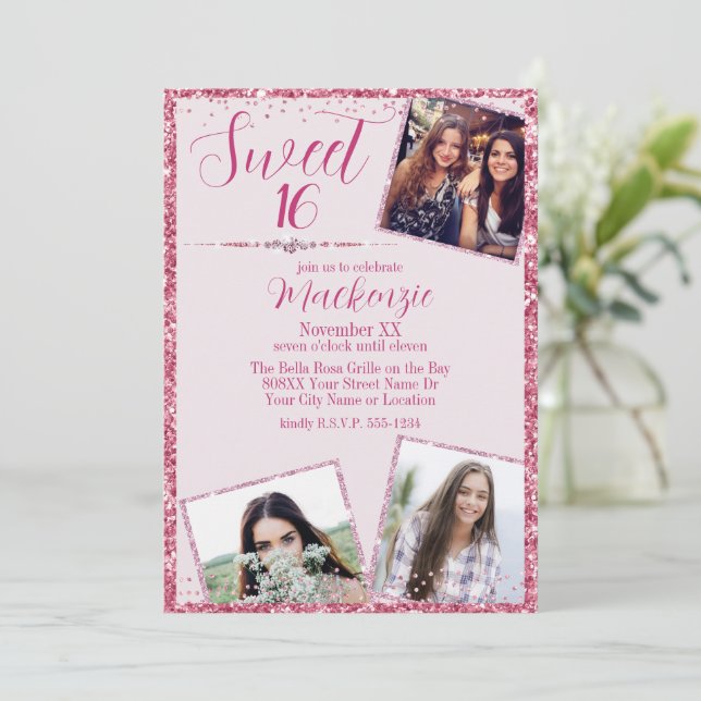 Pink Glitter & Photos Sweet 16 Birthday Party Invitation (Standing Front)