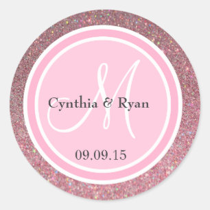 Pink Glitter & Pink Wedding Monogram Classic Round Sticker