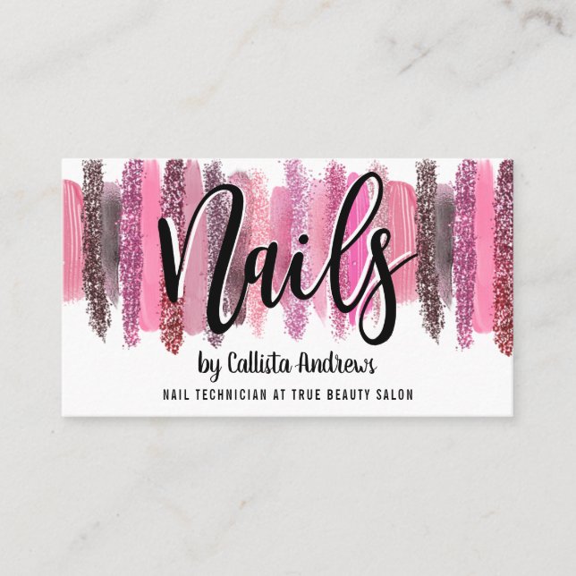 Pink Glitter Polish Brushstrokes Nail Technician Business Card (Front)
