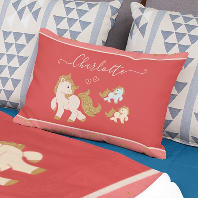 Pink Glitter Ponies with First Name Little Girl Decorative Cushion (Creator Uploaded)