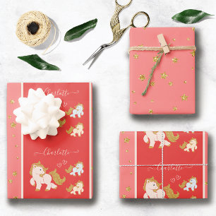 Pink Glitter Ponies with First Name Little Girl Wrapping Paper Sheet