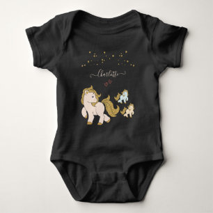 Pink Glitter Ponies with Gold Stars First Name Baby Bodysuit