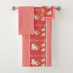 Pink Glitter Ponies with Name Little Girl Bathroom Bath Towel Set