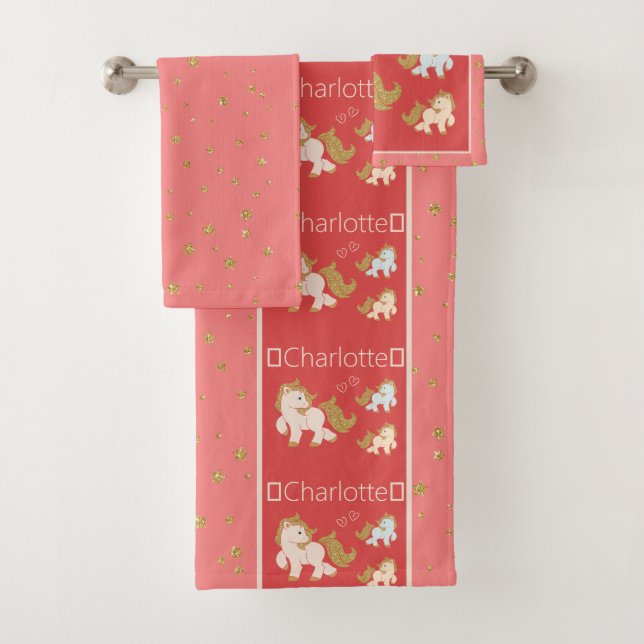 Pink Glitter Ponies with Name Little Girl Bathroom Bath Towel Set (Insitu)