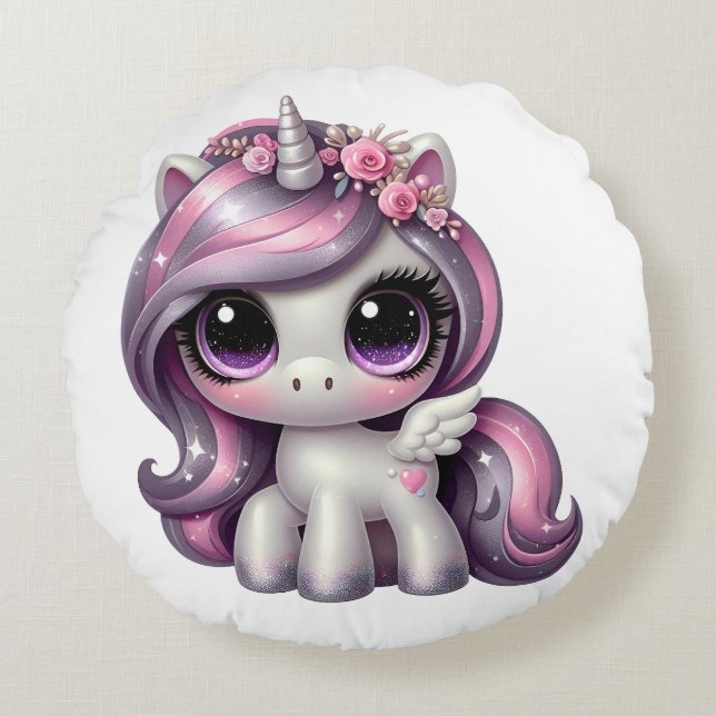 Pink glitter pony unicorn round cushion (Front)