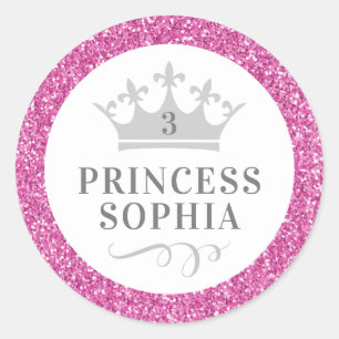 Pink Glitter Princess Birthday Favour Sticker Labe