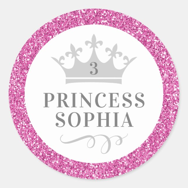 Pink Glitter Princess Birthday Favour Sticker Labe (Front)